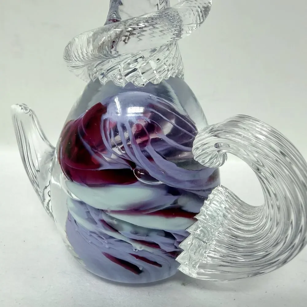 Hand Blown Art Glass Teapot Figurine Purple White Swirl Signed Mini Sculpture